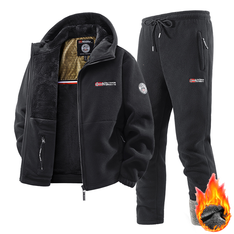 Fleece Hoodie Lined - New Winter Sportswear Set Mens Retro